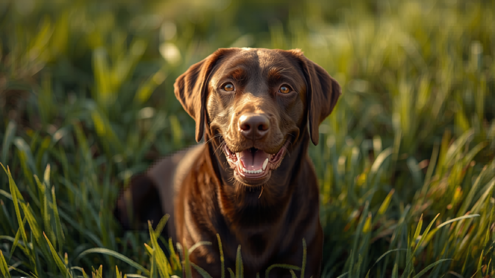Vrolijke chocoladebruine labrador retriever zit in het groene gras