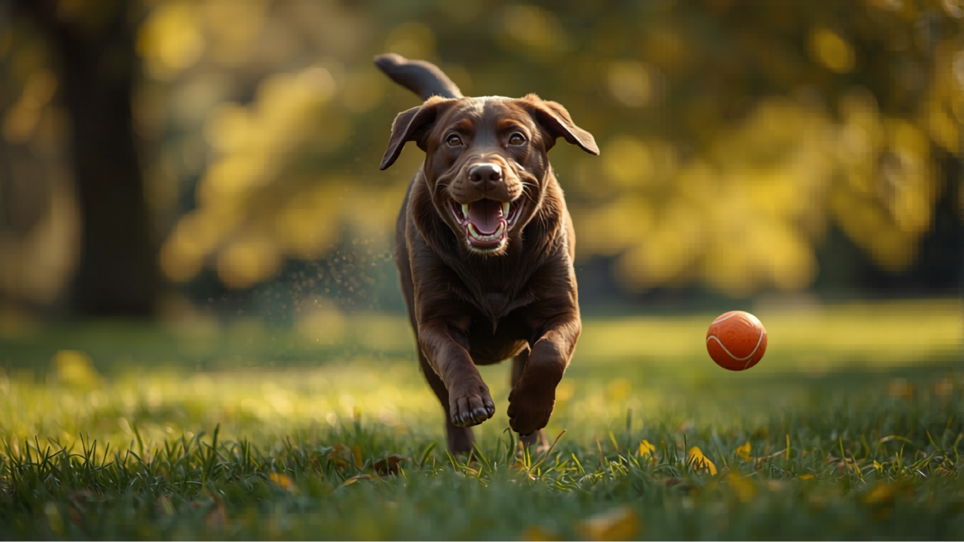 Bruine labrador retriever speelt buiten in het gras